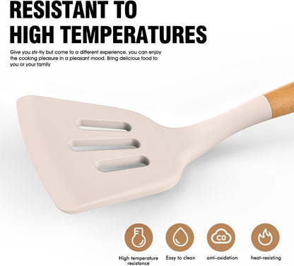 Silicone Cooking Utensils Set - AVGPD Silicone Kitchen Utensils for Cooking Wooden Handles, 446°F Heat Resistant Kitchen Utensil Spatula Sets, Gadgets for Non-Stick Cookware BPA FREE (Black)