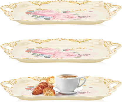 Melamine Serving Tray Art Trays,3 Pack Stackable Food Tray, Large Serving Platter with Handle for Eating, Unbreakable Large Serving Platter with Floral Print (16.5 x 11.3 x 1.4 Inches)