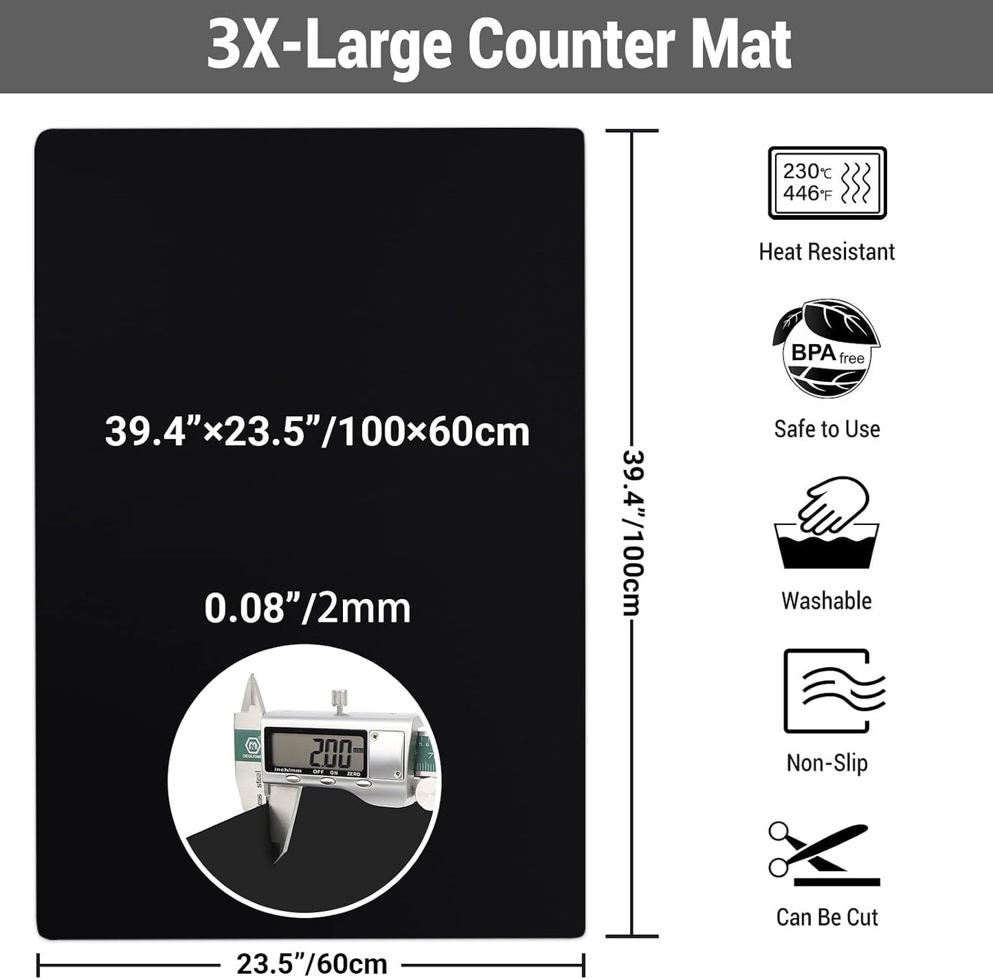 Ewen 25.6x17.7in Large Silicone Kitchen Counter Mat, 2mm Thick Heat Resistant Countertop Protector, Baking Silicone Mat under Air Fryer Toaster Oven Microwave Coffee Maker Cutting Board Drill Black