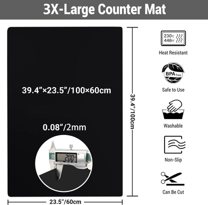 Ewen 25.6x17.7in Large Silicone Kitchen Counter Mat, 2mm Thick Heat Resistant Countertop Protector, Baking Silicone Mat under Air Fryer Toaster Oven Microwave Coffee Maker Cutting Board Drill Black