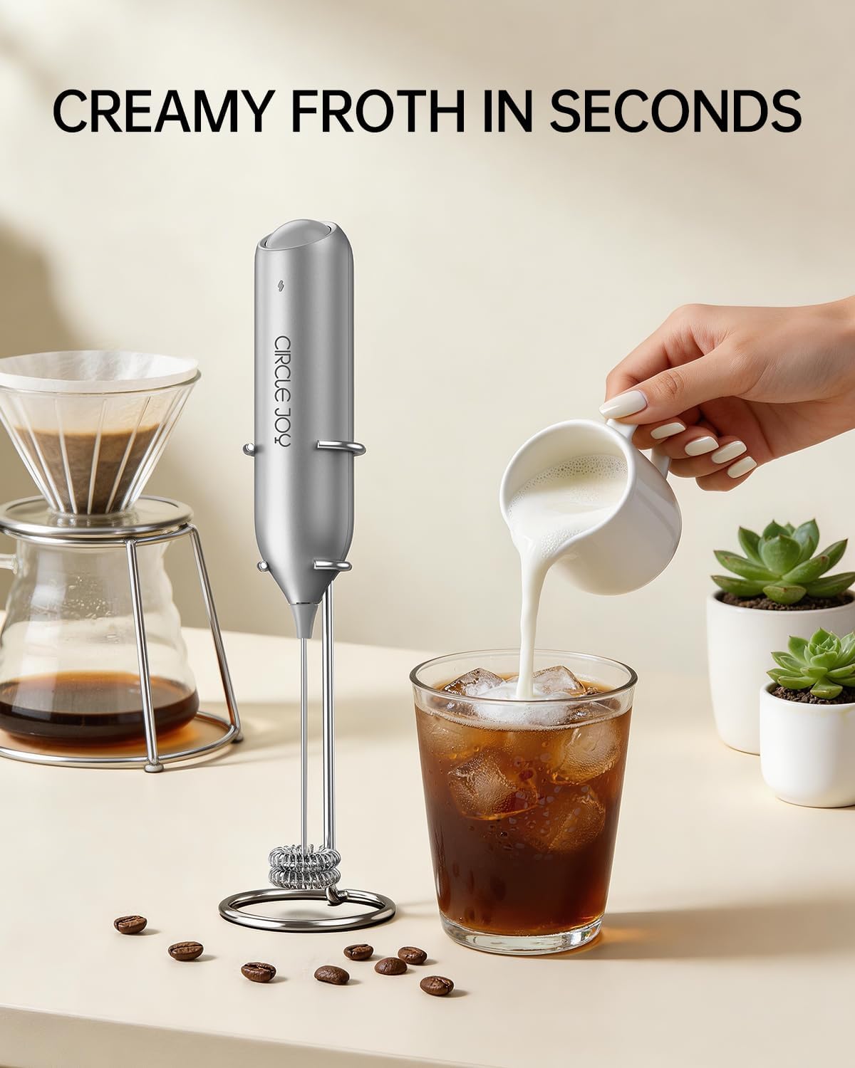 CIRCLE JOY Rechargeable Milk Frother Handheld with Stand, Dual Spring Whisk Head Electric Coffee Frother Foam Maker, Portable Drink Mixer for Cappuccino, Latte, Matcha, Black