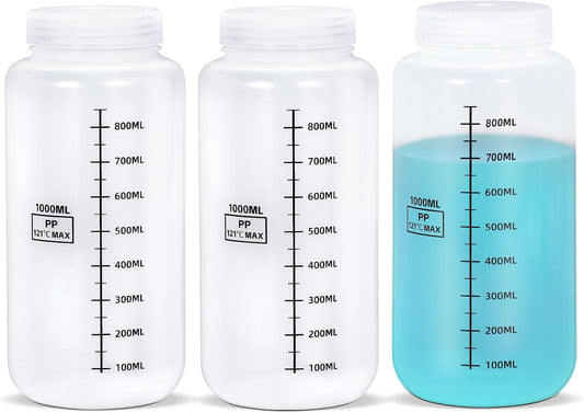 34oz/1000ml Wide Mouth Plastic Bottles with Airtight Lids, Graduated Food Grade Leak Proof PP Containers Jars for Water Sample Lab Reagent Liquid Medicine Storage (Transparent, 3 Pcs)
