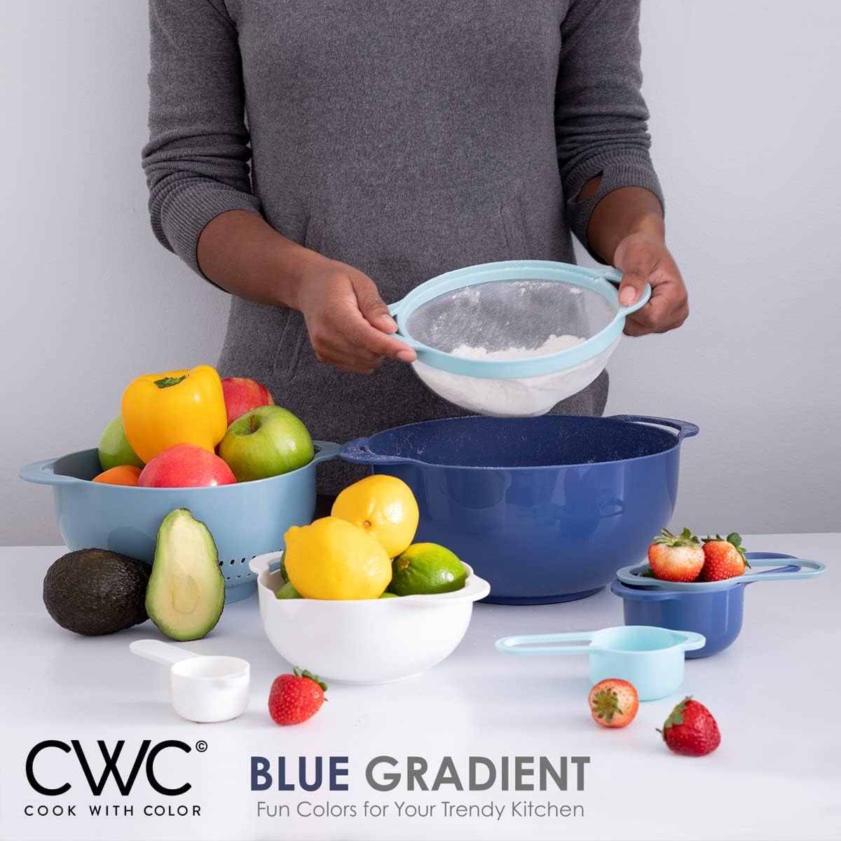 COOK WITH COLOR Nesting Bowls with Measuring Cups Colander and Sifter Set - Includes Mixing Bowls, Colander, Sifter and Measuring Cups, Navy, 8 Pc Bowl