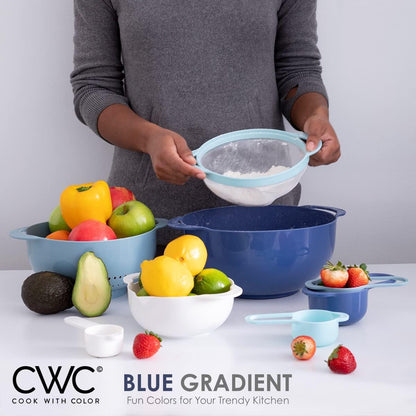 COOK WITH COLOR Nesting Bowls with Measuring Cups Colander and Sifter Set - Includes Mixing Bowls, Colander, Sifter and Measuring Cups, Navy, 8 Pc Bowl
