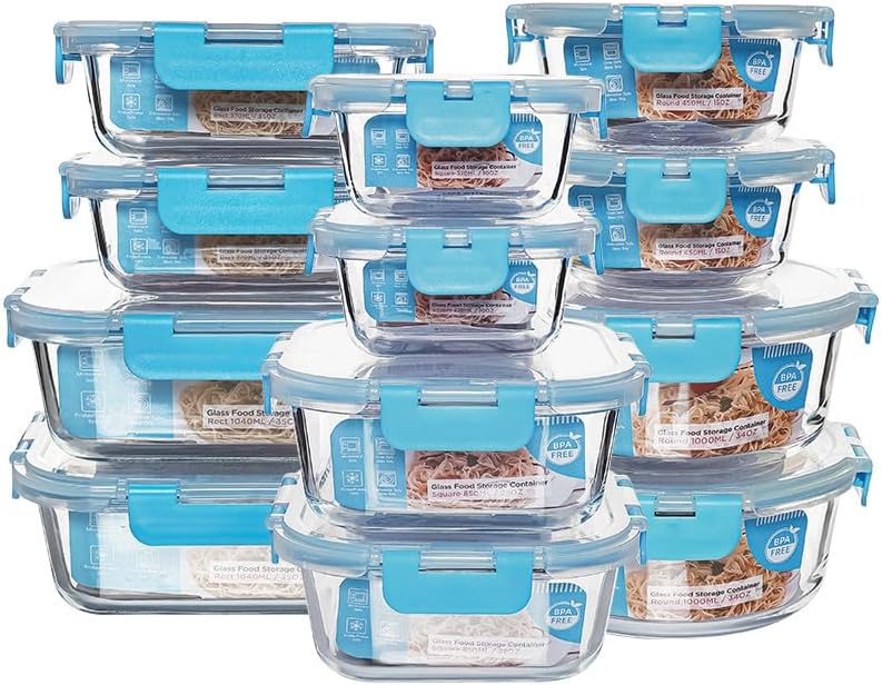 12 Pack Glass Storage Containers Transparent, Stackable Design Meal Prep Containers for Food Storage, Home, Kitchen & Pantry Organization, Microwave/Freezer/Dishwasher Safe