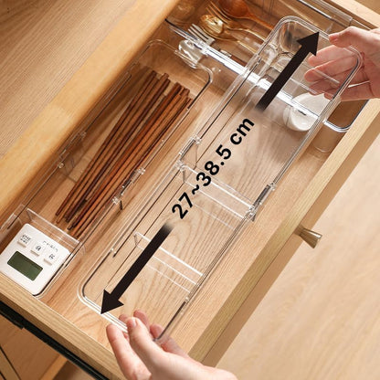 Expandable Desk Drawer Organizer Bins with Removable Dividers, Clear & Durable BPA-Free PET Plastic, for Vanity, Kitchen, Bathroom, Office, and Bedroom Storage, 3-Pack