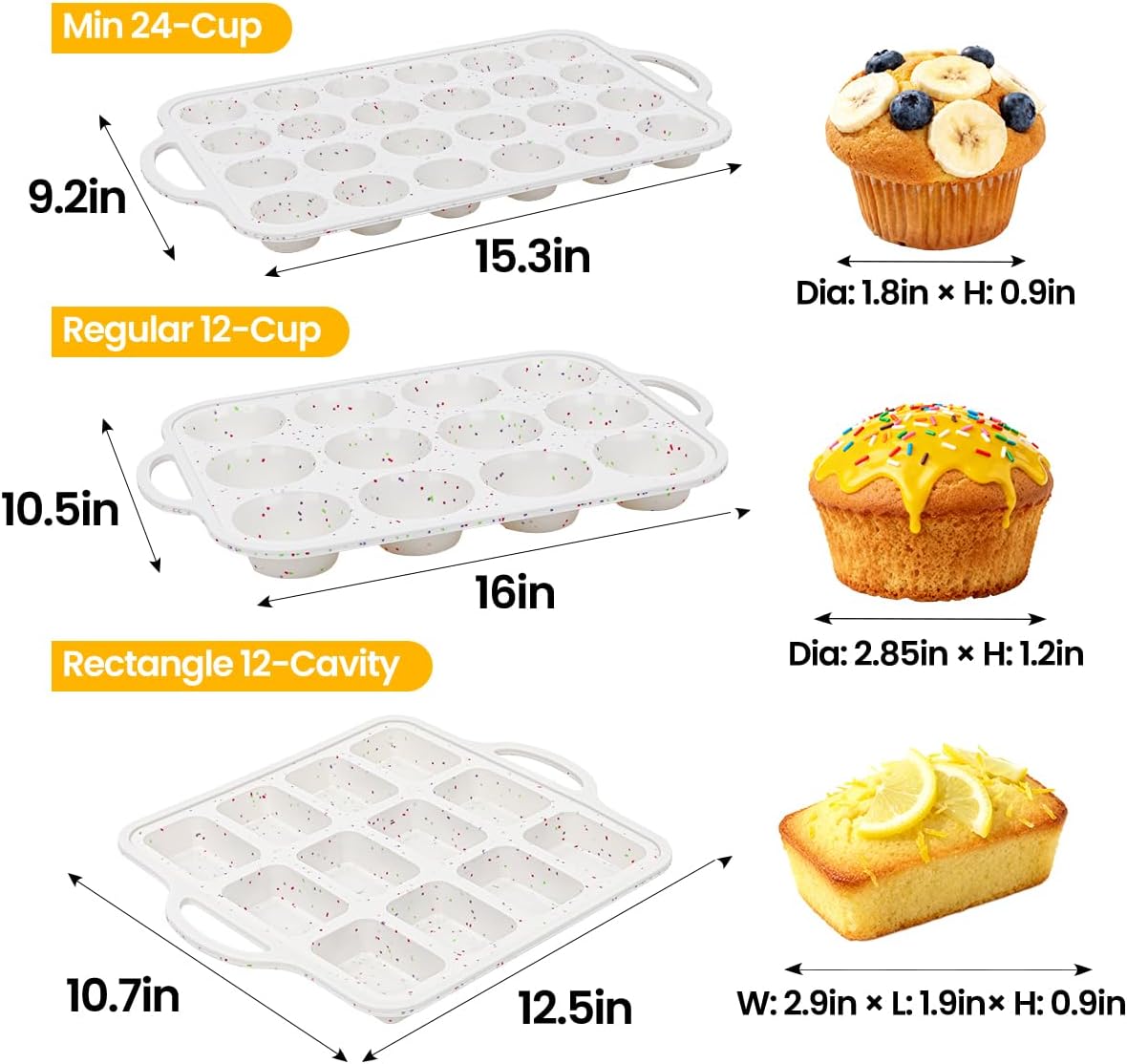 CAKETIME Silicone Muffin Pan - Cupcake Pan, Mini Loaf Pan Silicone Baking Molds Food Grade 3-Pack