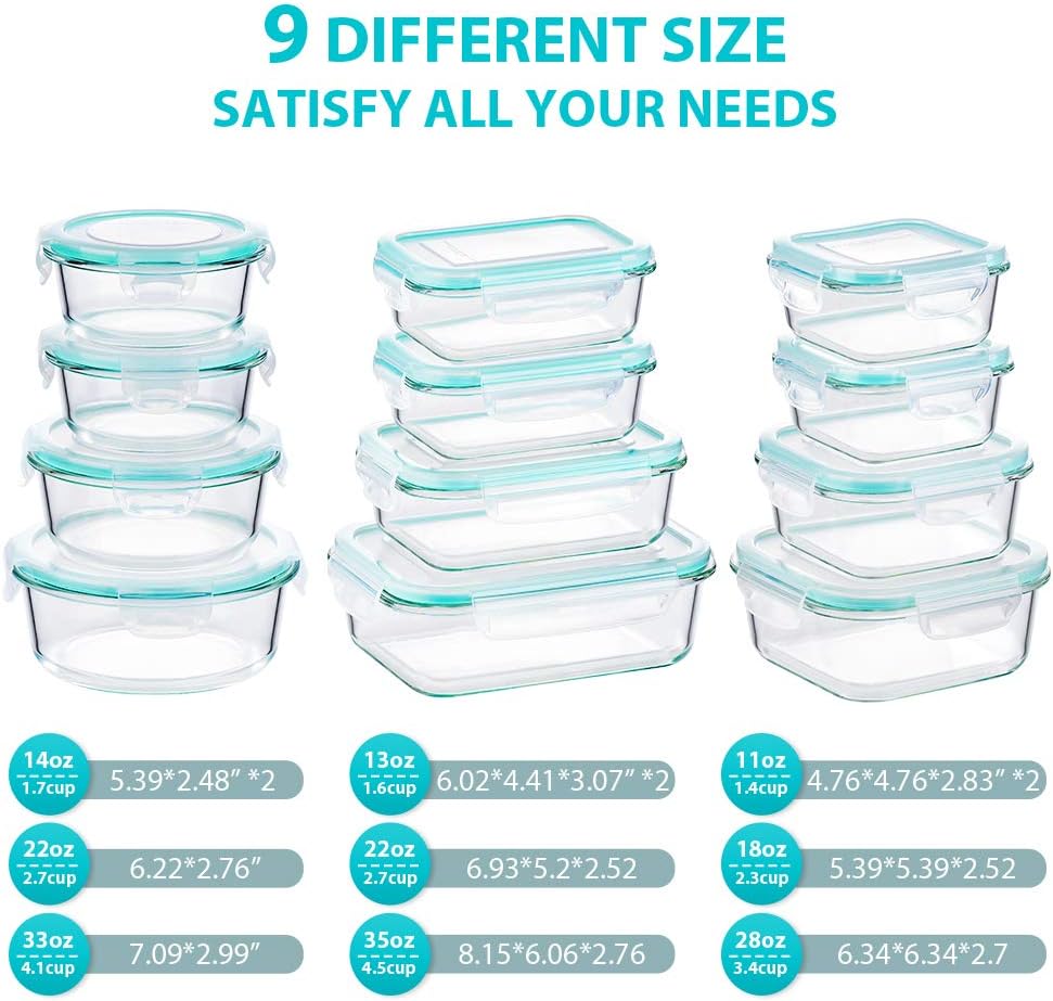 Bayco Glass Food Storage Containers with Lids, [24 Piece] Meal Prep, Airtight Bento Boxes, Leak Proof (12 lids & 12 Containers) - Blue