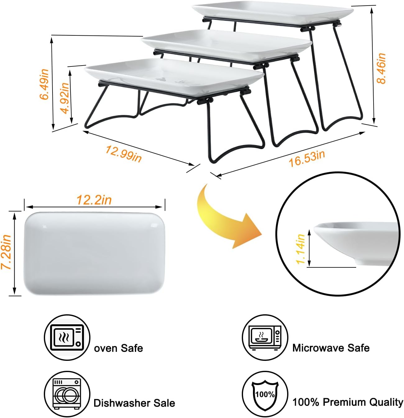 HAPPY KIT 3 Tier Serving Tray Set with Gold Freely Combinable Rack,12 Inch Tiered Tray Stand,Widened Porcelain Platters,Decor Cupcake Stand for Christmas Party Display,Dessert Trays Collapsible