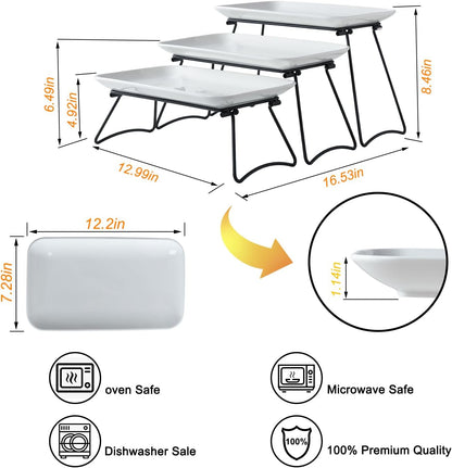 HAPPY KIT 3 Tier Serving Tray Set with Gold Freely Combinable Rack,12 Inch Tiered Tray Stand,Widened Porcelain Platters,Decor Cupcake Stand for Christmas Party Display,Dessert Trays Collapsible