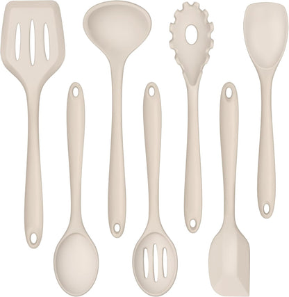 TeamFar Silicone Cooking Utensil Set of 7, Black Kitchen Nonstick Tools Turner Spoon Spatula Ladle Pasta Server for Nonstick Cookware, Healthy & One-Piece, Anti-Heat & Dishwasher Safe