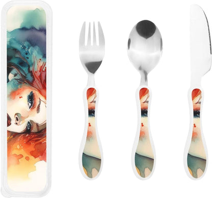 3-Piece Kids Silverware Set With Storage Case, Stainless Steel Reusable Children Safe Knife Spoon Fork Set Parrots On Branches Children Flatware Set For Kids Lunch Box