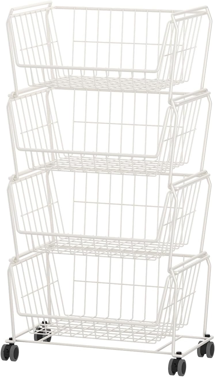 PUSDON 4-Tier Spacious Stackable Wire Storage Baskets with Wheels, Metal Rolling Utility Cart Organizer, Fruit and Vegetable Produce Basket for Kitchen Pantry, Everyday Bathroom Shelf, Silver Grey