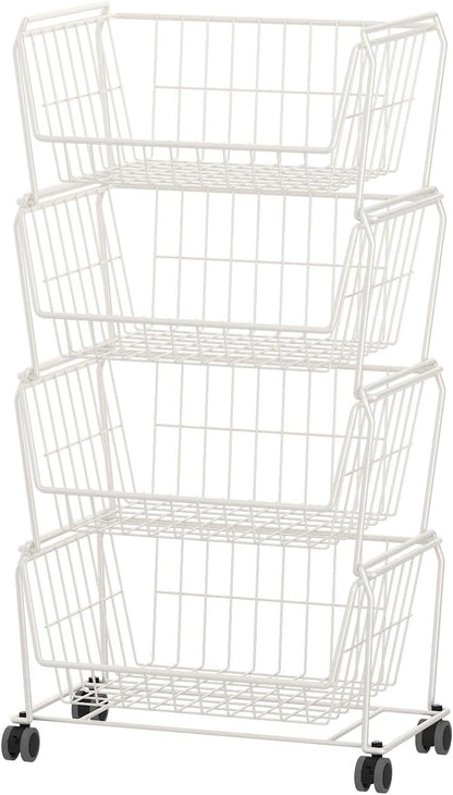 PUSDON 4-Tier Spacious Stackable Wire Storage Baskets with Wheels, Metal Rolling Utility Cart Organizer, Fruit and Vegetable Produce Basket for Kitchen Pantry, Everyday Bathroom Shelf, Silver Grey