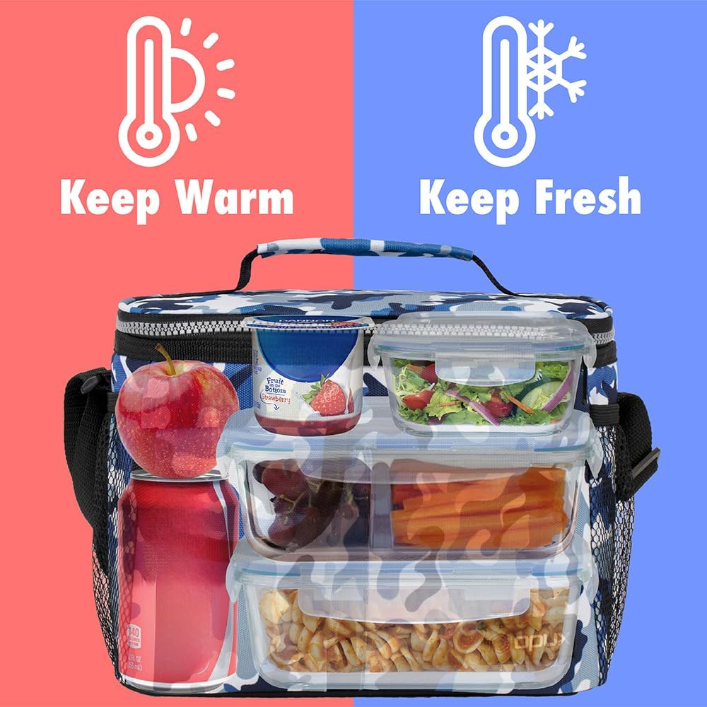 opux Insulated Lunch Bag for Men Women, Leakproof Black Lunch Box for Work, Portable Soft Lunch Cooler Bag with Shoulder Strap, Adult Lunchbox Lunch Pail for Kid Boy Girl School, 14 Can/8L