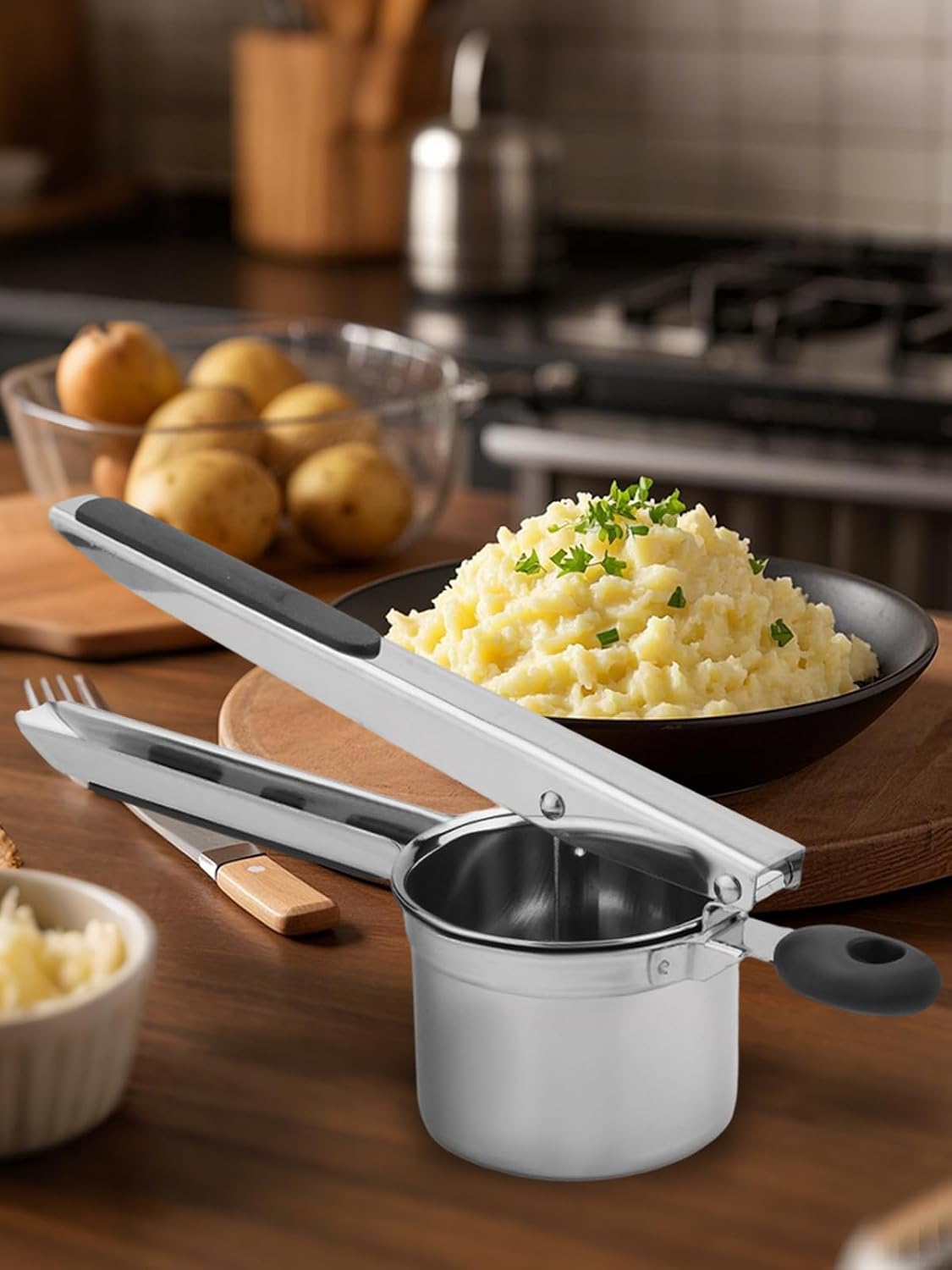 Heavy Duty Potato Ricer, Large 22oz Potato Masher, Stainless Steel Press and Mash Kitchen Gadget for Mashed Potatoes, Spaetzle Maker with Silicone Handle