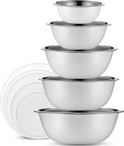 WHYSKO Stainless Steel Mixing Bowl Set, 10 Piece Stainless Steel Mixing Bowls with Lids Set for Food Prep Storage and Serving, Dishwasher Safe for Kitchen Baking Cooking, Silver