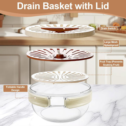 Multifunctional Fruit Washing Bowl, Berry Washing Bowl,Foldable Handle Fruit Strainer Container with Lid, Kitchen Colanders & Food Strainers, Suitable for Washing Fruits and Vegetables
