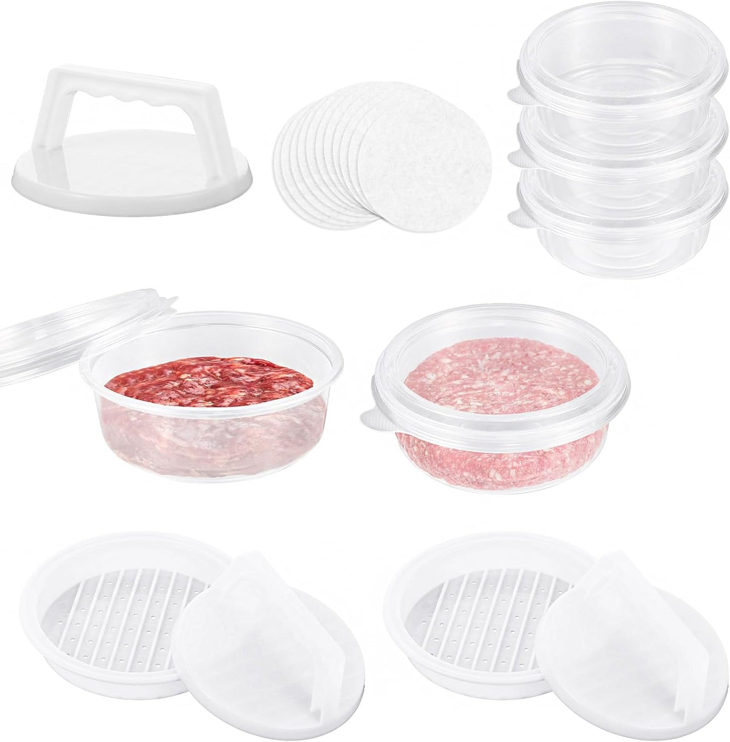 Hamburger Press Patty Maker, Burger Press Patty Makers with 20 Storage Containers and 20 Patty Papers, Hamburger Patty Maker Mold for BBQ Round Burger Shaper for Meat BBQ Grill Accessories
