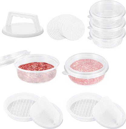 Hamburger Press Patty Maker, Burger Press Patty Makers with 20 Storage Containers and 20 Patty Papers, Hamburger Patty Maker Mold for BBQ Round Burger Shaper for Meat BBQ Grill Accessories