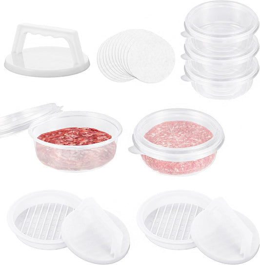 Hamburger Press Patty Maker, Burger Press Patty Makers with 20 Storage Containers and 20 Patty Papers, Hamburger Patty Maker Mold for BBQ Round Burger Shaper for Meat BBQ Grill Accessories