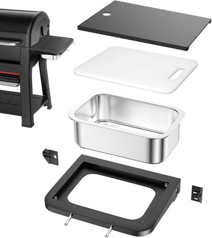 Upgraded Grill Table for Weber Kettle 22"/18"/26", Master Touch 22", Smokey Mountain, Recteq Pellet Grill RT-B380, Prep Station with Cutting Board, Basin, 4 Hooks, Shelf for Weber Kettle Accessories