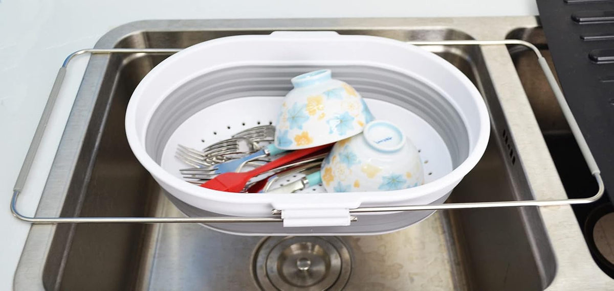 SAMMART 5L (1.3 gallon) Expandable & Collapsible Over The Sink Rectangular Colander (1, White/Grey)