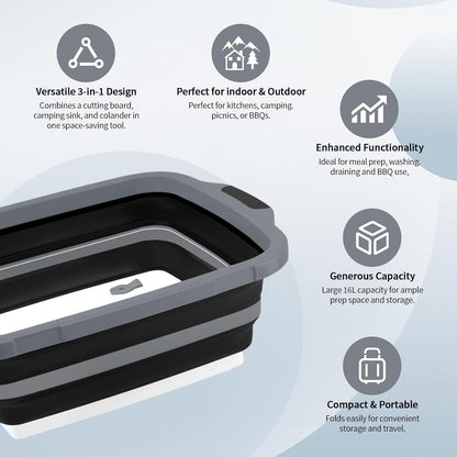 XL Collapsible BBQ Prep Tub with Lid (4.22 Gal / 16L) – Foldable Cutting Board Basin, Camping Sink & Food Storage Bin, Multipurpose Dish Tub for Meat, Fruit, Vegetables – Black