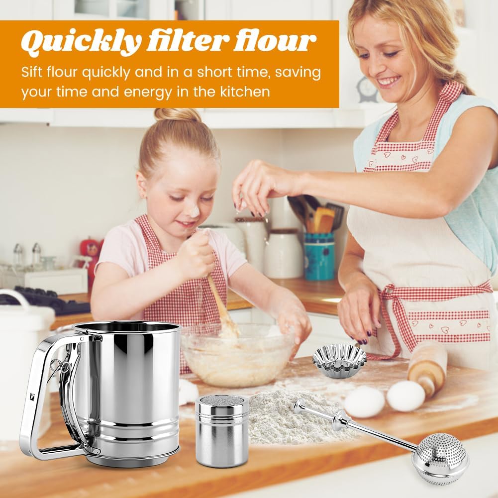 Flour Sifter Set, 4‑in‑1 Stainless Steel Double Layer Fine Mesh Sifter