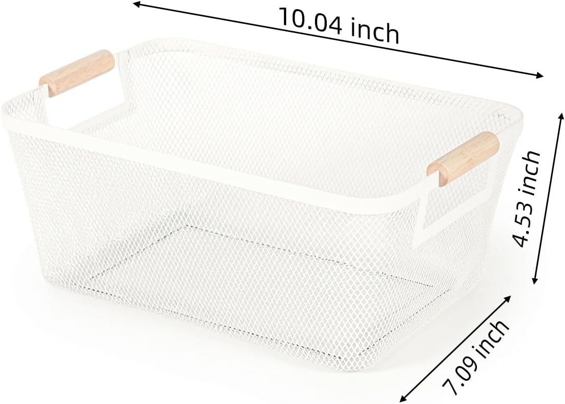 2-Pack Metal Mesh Basket, Large Wire Storage Organizer with Wood Handle for Kitchen Pantry, Bathroom, Cabinet, Closet, Picnic & Home Organization, Large, Black