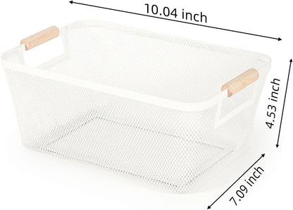 2-Pack Metal Mesh Basket, Large Wire Storage Organizer with Wood Handle for Kitchen Pantry, Bathroom, Cabinet, Closet, Picnic & Home Organization, Large, Black
