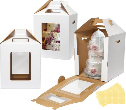 Wowxyz 3 Pack Tall Cake Boxes for Tier Cakes 12x12x14 Inch Disposable Layer Tall Baking Carrier with Window Large Tierd Bakery Take Out Transport Containers with Handle for Wedding, Birthday, Party