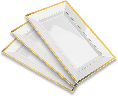 Elegant Plastic Serving Tray & Platter Set (6pk) - White & Gold Rim Disposable Serving Trays & Platters for Food - Weddings, Upscale Parties, Dessert Table, Cupcakes - 8 x 12.85 inches