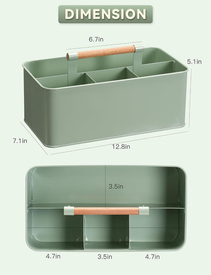 Caddy Organizer with Wooden Handle, Metal Utensil Caddy with 4 Compartments, Picnic Caddy Paper Plate Organizer Utensil Holder for Party