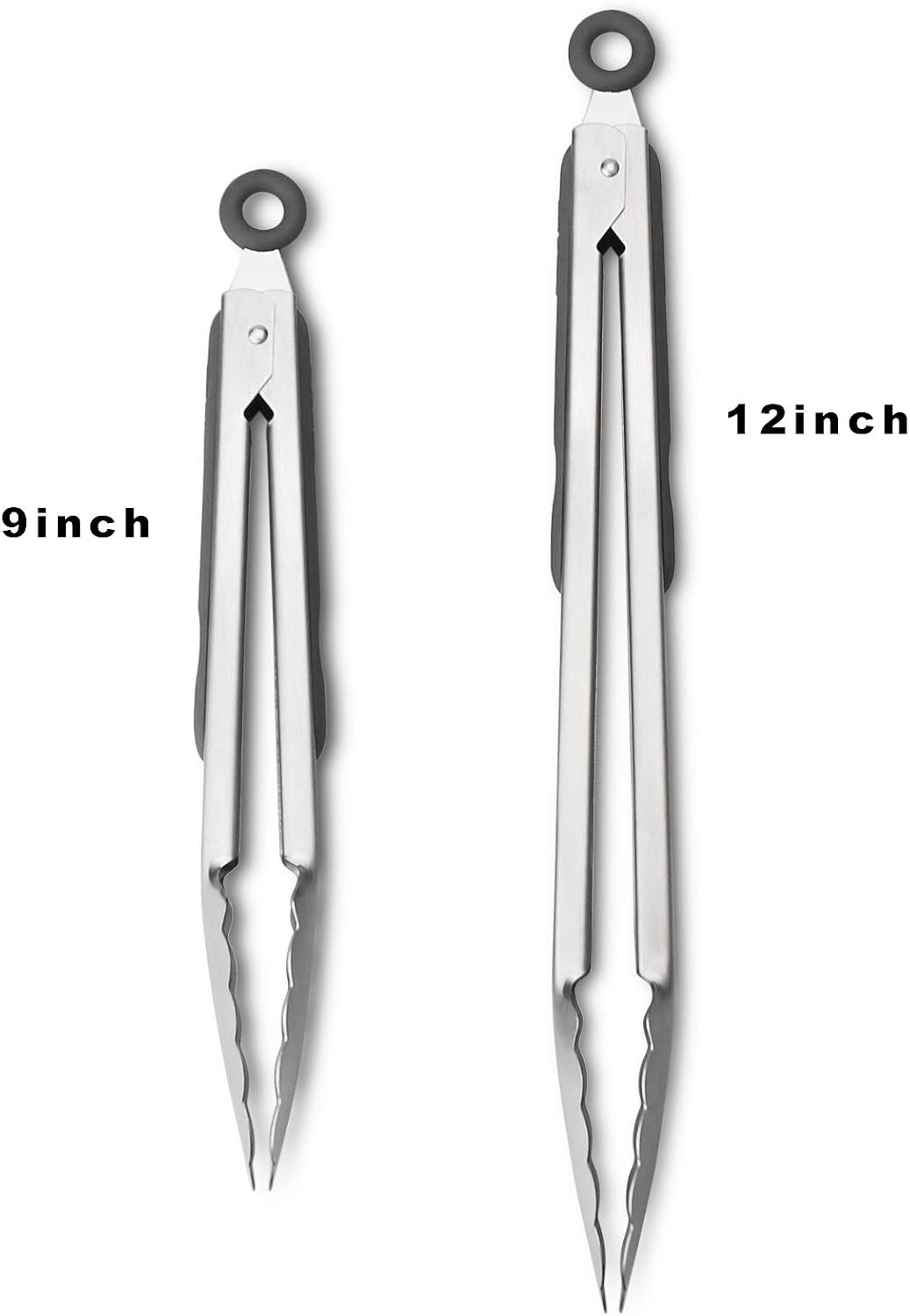 304 Stainless Steel Kitchen Cooking Tongs, 9" and 12" Set of 2 Sturdy Grilling Barbeque Brushed Locking Food Tongs with Ergonomic Grip, Black