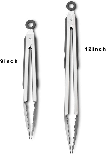 304 Stainless Steel Kitchen Cooking Tongs, 9" and 12" Set of 2 Sturdy Grilling Barbeque Brushed Locking Food Tongs with Ergonomic Grip, Black