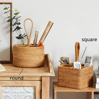 i-lan Set of 2 Rattan Utensil Caddy with Handle (7 Inch) - 4-Section Woven Wicker Silverware Holder for Tea Bags & Condiments, Boho Divided Organizer Basket for Kitchen Countertop, Party & Picnic