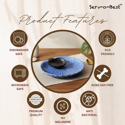 Servo Best Grey Ceramic Chip and Dip Platter, Shell Design Appetizer Serving Tray with Built-In Dip Bowl, Sectioned Snack Platter for Chips Salsa Veggies, Party Entertaining Serveware Gift