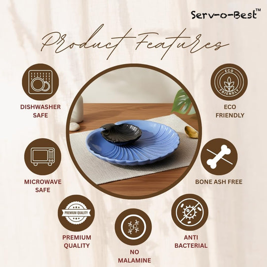 Servo Best Grey Ceramic Chip and Dip Platter, Shell Design Appetizer Serving Tray with Built-In Dip Bowl, Sectioned Snack Platter for Chips Salsa Veggies, Party Entertaining Serveware Gift