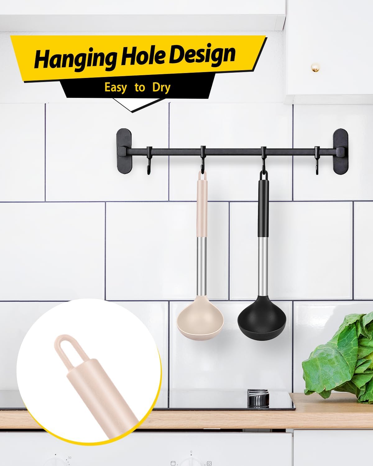 Pack of 2 Ladle Spoon,Silicone Large Spoon for Soup,Non Stick Kitchen Utensils with High Heat Resistant,BPA Free Perfect Kitchen Tools for Cooking, Stirring,Serving Soups (BLACK-WHITE)