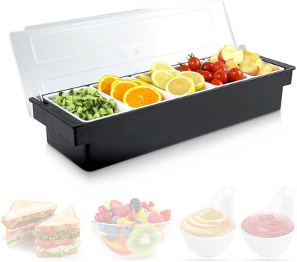 Ice Cooled Condiment Serving Container Fruit Veggie Condiment Caddy Plastic Garnish Station with Lid for Fruit,Ice Cream,Salad Bar-Topping Organizer for Restaurant Supplies (3 Compartments)