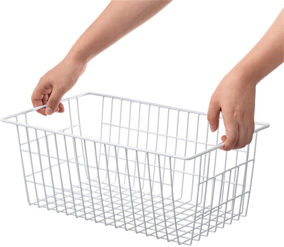 SANNO Freezer Baskets for Storage Pantry Large Metal Wire Food Storage Organizer Bin Basket with Handles - for Kitchen Cabinets, Pantry, Bathroom, Laundry Room, Closets, Garage - Chrome，2 pack