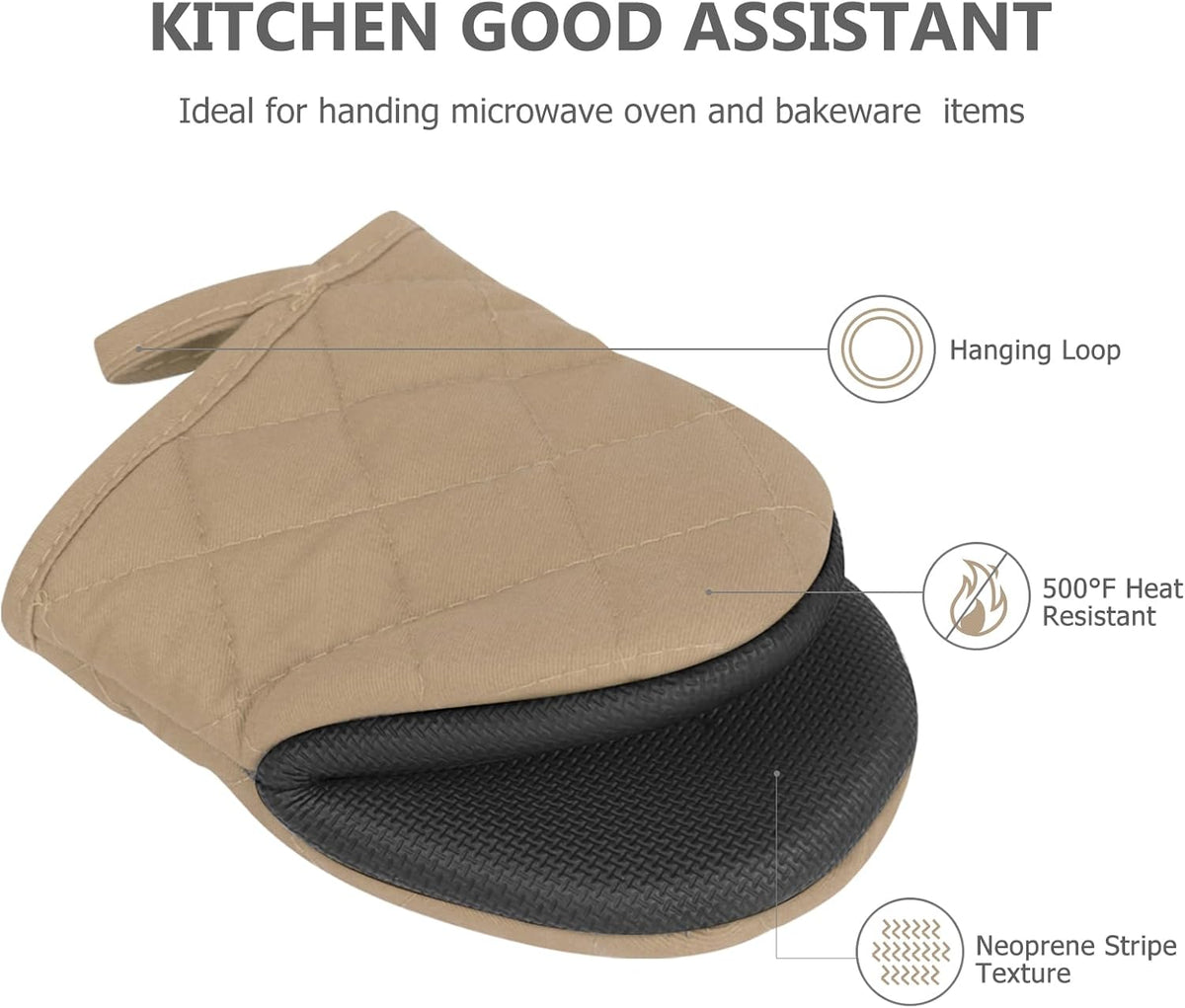 1 Pair Short Oven Mitts - Silicone Kitchen Oven Gloves High Heat Resistant 500℉, Mini Oven Mits with Non-Slip Grip Surfaces and Hanging Loop for BBQ, Baking, Cooking and Grilling (Black)