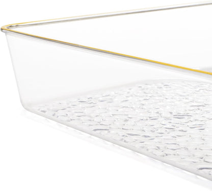 Cididu 4 Pack Clear Serving Trays, Deep Serving Platters Rectangle 12'' x 8'', Decorative Tray with Gold Rim, Reusable Plastic Tray Organizer for Coffee Table Pantry Party Food Display Spill Proof