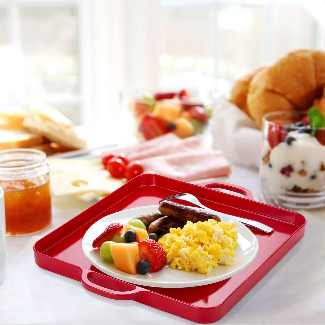i BKGOO Foodservice Red Plastic Tray with Handle Set of 2 Large Melamine Cube Serving Platters for Parties, Table, Kitchen Size(12.5"x12.5"x1")