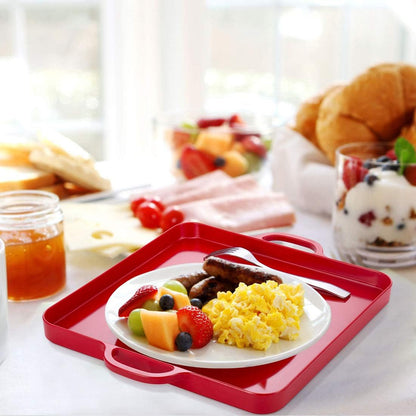 i BKGOO Foodservice Red Plastic Tray with Handle Set of 2 Large Melamine Cube Serving Platters for Parties, Table, Kitchen Size(12.5"x12.5"x1")