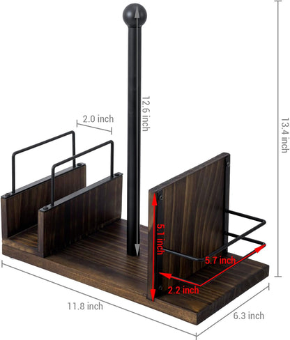 MyGift Rustic Burnt Solid Wood and Industrial Matte Black Metal Dining Combination Caddy with Paper Towel Roll Dispenser Stand, Napkin Holder, and Spice Rack