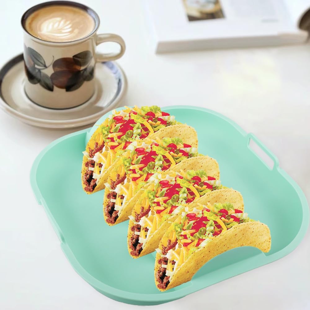 Silicone Taco Holder Set of 2, Non-Slip Taco Plates with Dividers, Reusable Fit for Kitchen, Party, Restaurants - Microwave and Dishwasher Safe, Blue and Green