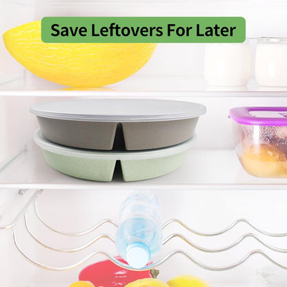 greenandlife 9 Inch 4PCS Portion Control Plates with Lids, Divided Plates for Kids Adults, Dishwasher Microwave Safe Compartment Plate, Unbreakable Lightweight Reusable Wheat Straw Plate, Earth Tone