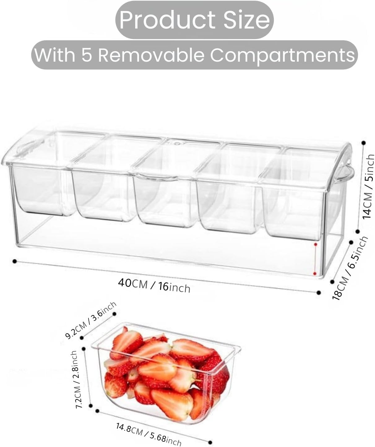 Ice Chilled Condiment Server with Lids – Includes 19 Serving Accessories (Tongs, Spoons, Forks) – 5 Compartment Fruit & Veggie Tray for Parties, Taco Bar, Picnics & Outdoor Entertaining